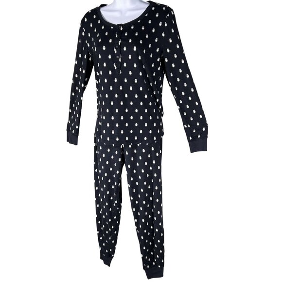 Kate Spade Womens S Navy Blue Owl Henley Jogger PJ Set Long Sleeves Button Front - Picture 7 of 16